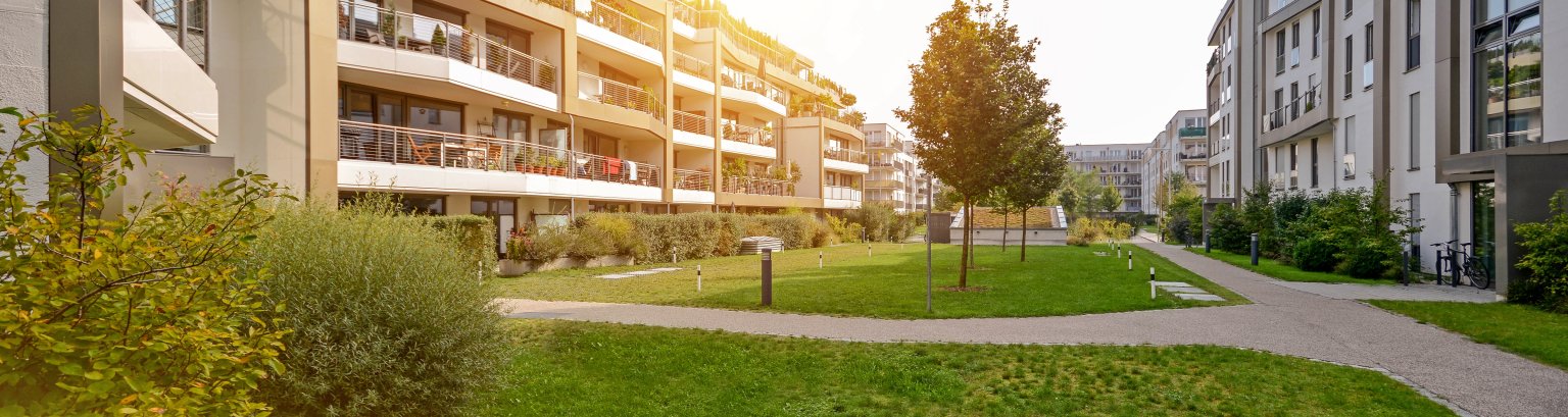 Modern apartment buildings in a green residential area in the city