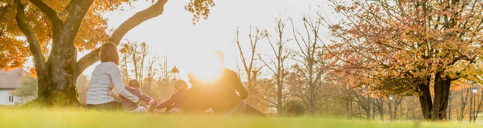 Panorama rear view of young family with three kids enjoying a day together